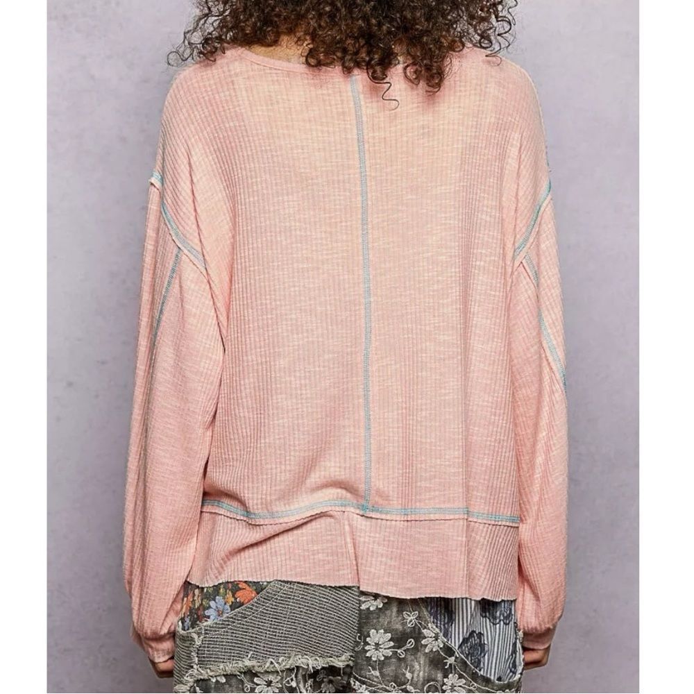 POL Blush Pink Ribbed Oversized Top Exposed Seam Pocket Boho Long Sleeve Med NEW - Picture 5 of 15